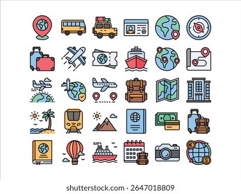 Conjunto de coleta de ícones de viagem, incluindo transporte, destinos, recursos básicos de viagem e acomodações. Perfeito para aplicativos de viagem, guias, infográficos e projetos relacionados ao turismo.
