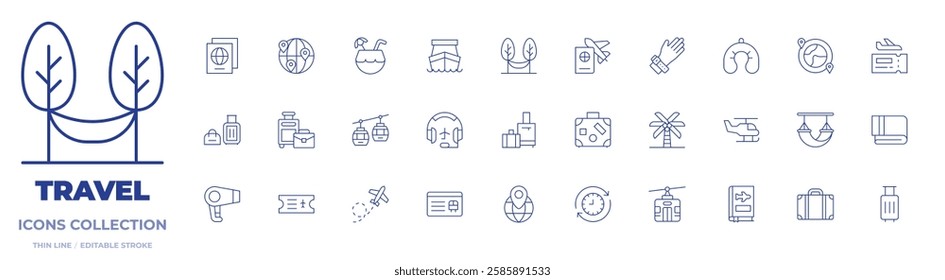 Travel icons collection. Thin Line icons, editable stroke. all inclusive, coconut tree, cable car, coconut drink, ferry boat, hammock, headset, luggage, suitcase, travel, passport.