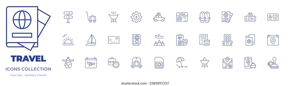 Travel icons collection. Thin Line icons, editable stroke. barbecue, credit card, gear, passport, taxi, travel, visa, signpost, suitcases, sunset, yatch.