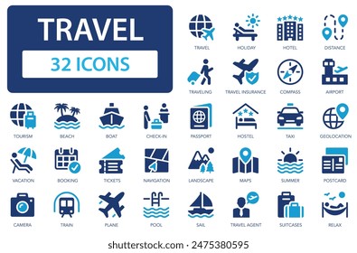 Travel icons collection. Travelling around the country and the world. Holiday, hotel, tourism, relax, airport. Simple flat vector icon.