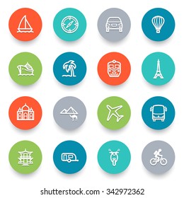 Travel icons with color buttons. Flat design.