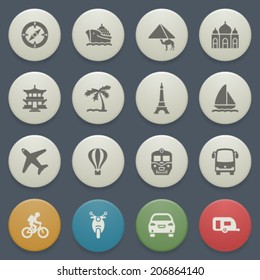 Travel icons with color buttons on blue background.