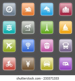 Travel icons with color buttons on black background.