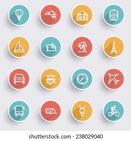 Travel icons with color buttons on gray background.