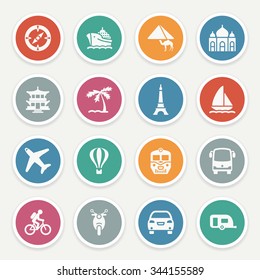 Travel icons with color buttons on gray background.
