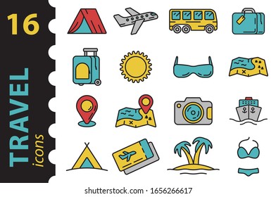 Travel icons in color. Symbols tourism, trip, holiday. Vector illustration in flat style.