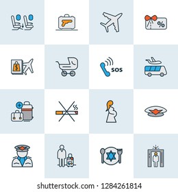 Travel icons colored line set with buy on board, extra baggage, voucher and other sos elements. Isolated vector illustration travel icons.