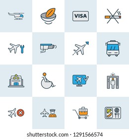 Travel icons colored line set with plane food, airport worker, airport security and other suitcase elements. Isolated vector illustration travel icons.