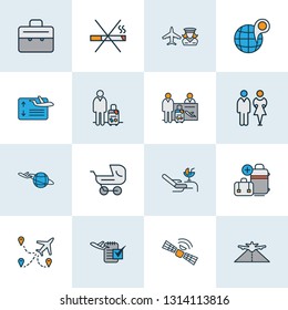 Travel icons colored line set with no smoking, flight board, plane around the world and other luggage elements. Isolated vector illustration travel icons.