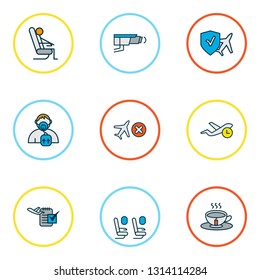 Travel icons colored line set with cancelled flight, travel insurance, plane seats and other respiratory elements. Isolated vector illustration travel icons.