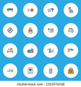 Travel icons colored line set with flight time, sport equipment, video control and other direction elements. Isolated vector illustration travel icons.