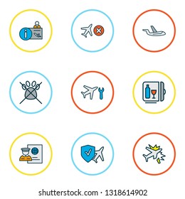 Travel icons colored line set with cancelled flight, aircraft, travel insurance and other airplane repair elements. Isolated vector illustration travel icons.