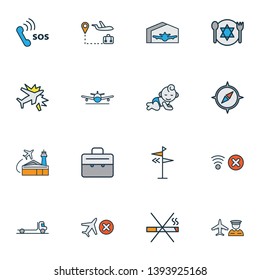 Travel icons colored line set with plane crash, airport worker, kosher food and other stop wifi elements. Isolated vector illustration travel icons.