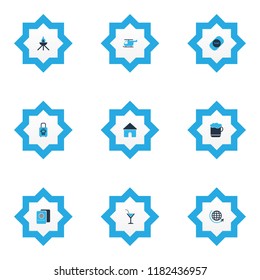 Travel icons colored set with cocktail, house, grill and other home elements. Isolated vector illustration travel icons.
