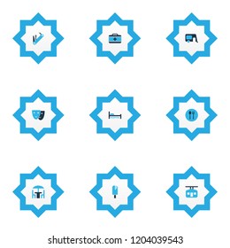 Travel icons colored set with cutlery, hospital, house on wheels and other terrace restaurant elements. Isolated vector illustration travel icons.