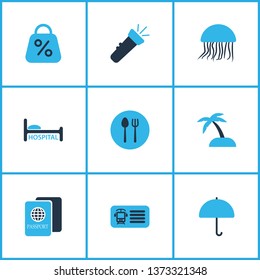 Travel icons colored set with discount, parasol, train ticket and other entry elements. Isolated vector illustration travel icons.