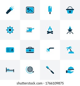 Travel icons colored set with flight, sand with palm, hospital international aviation elements. Isolated vector illustration travel icons.