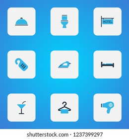 Travel icons colored set with hotel sign, bed, meal and other door hanger elements. Isolated vector illustration travel icons.