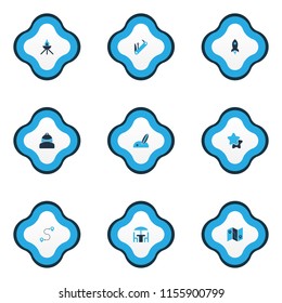 Travel icons colored set with map with route, backpack, star and other guide elements. Isolated vector illustration travel icons.