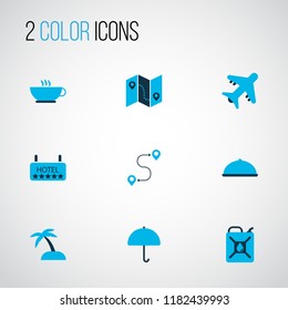 Travel icons colored set with map with route, food, aircraft and other island elements. Isolated vector illustration travel icons.