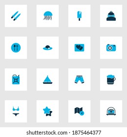 Travel icons colored set with map with time, cutlery, backpack and other favorite elements. Isolated vector illustration travel icons.