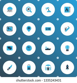 Travel icons colored set with rocket, picture, photo and other search plane elements. Isolated vector illustration travel icons.