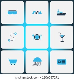 Travel icons colored set with route, cart, ship and other vessel elements. Isolated vector illustration travel icons.
