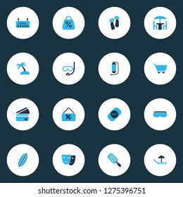 Travel icons colored set with ticket, credit card, oxygen cylinder and other shopping trolley elements. Isolated vector illustration travel icons.