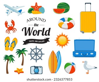 Travel icons in colorful cartoon style. Vector