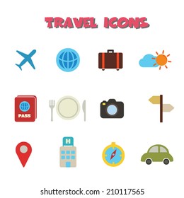 travel icons, colorful vector symbols