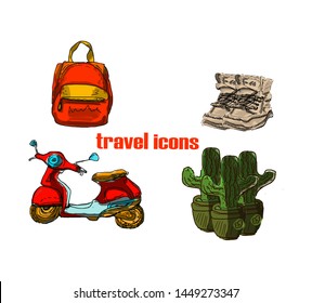 Travel icons concept, hand drawn icons in vector