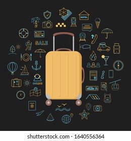 Travel icons concept. Idea of tourism and vacation. Collection of line icons around a big colorfull suitcase. Isolated vector illustration