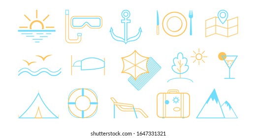 Travel icons concept. Idea of tourism and vacation. Collection of line icons with airplane, camera and suitcase. Isolated vector illustration