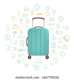 Travel icons concept. Idea of tourism and vacation. Collection of line icons around a big colorfull suitcase. Isolated vector illustration