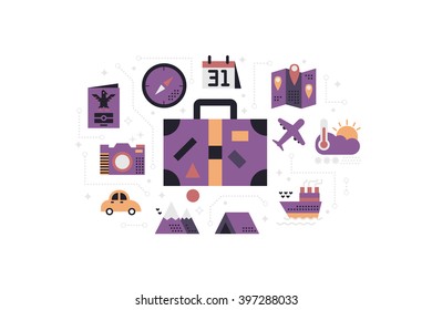 Travel icons concept illustration with large suitcase and travel related items