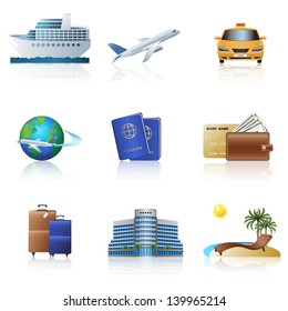 travel icons: cruise, ship, plane, hotel.
