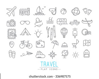 Travel icons drawing in flat modern style with grey lines.