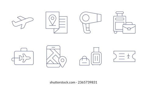 Travel icons. Editable stroke. Containing airplane, brochure, business trip, check in, hair dryer, luggage, suitcase, ticket.