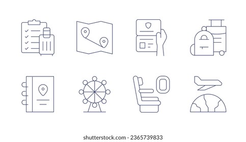 Travel icons. Editable stroke. Containing check list, diary, ferris wheel, map, passport control, seat, travel, travelling.