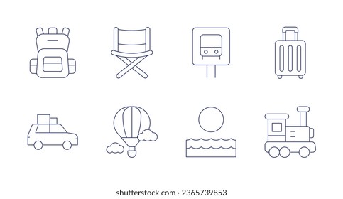 Travel icons. Editable stroke. Containing backpack, car, folding chair, hot air balloon, sign, suitcase, sunrise, train.