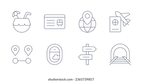 Travel icons. Editable stroke. Containing coconut drink, distance, member card, placeholder, plane, sign post, travel, tunnel.