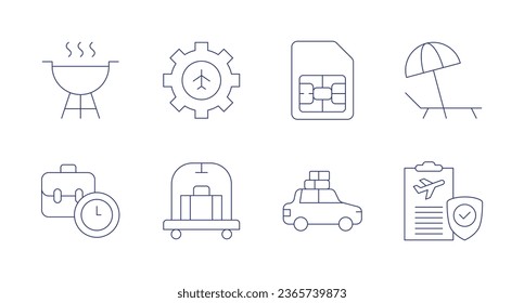 Travel icons. Editable stroke. Containing barbecue, case, gear, hotel cart, sim card, sunbed, taxi, travel.