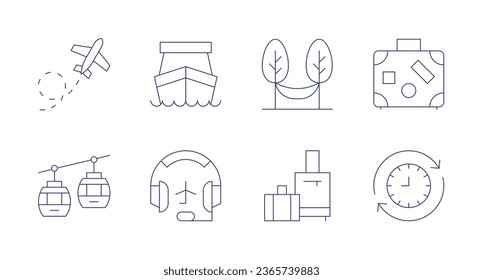 Travel icons. Editable stroke. Containing airplane, cable car, ferry boat, hammock, headset, luggage, suitcase, time travel.