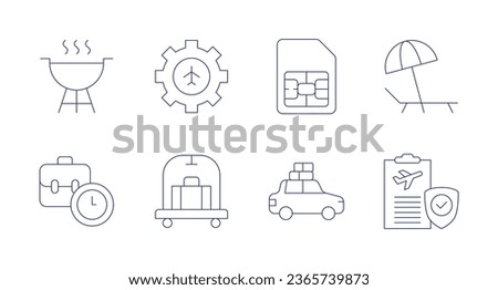 Travel icons. Editable stroke. Containing barbecue, case, gear, hotel cart, sim card, sunbed, taxi, travel.