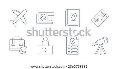 Travel icons. Editable stroke. Containing airplane, boarding pass, business trip, check in desk, guide, itinerary, subway, telescope.