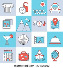 Travel icons, flat design, thin lines and light color style