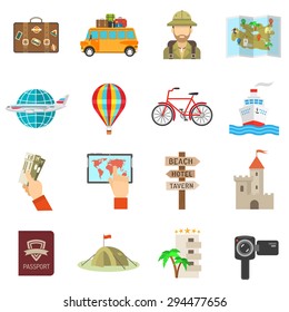 Travel icons flat set with tent ticket and passport isolated vector illustration
