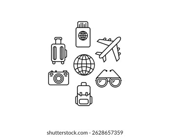 Ícones de viagem globo avião bagagem câmera mochila