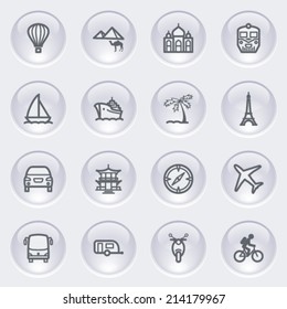Travel icons with glossy buttons on gray background.