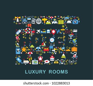 Travel icons are grouped in Hotel signboard, luxury rooms form